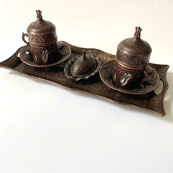 LAST CHANCE SALE! Turkish Copper Coffee Tea Set floral motifs Zamak & Porcelain - Picture 5 of 7